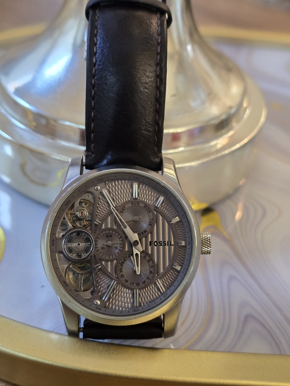 Fossil Men's Silver Dial Skeleton Automatic Watch with Brown Leather Strap